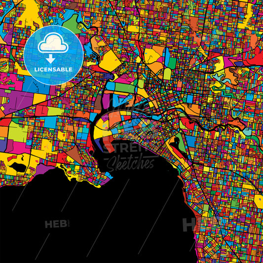 Melbourne Colorful Vector Map on Black