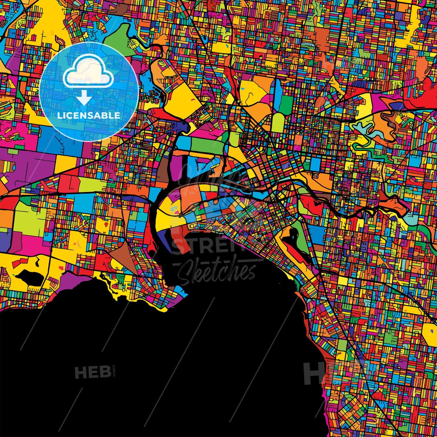 Melbourne Colorful Vector Map on Black