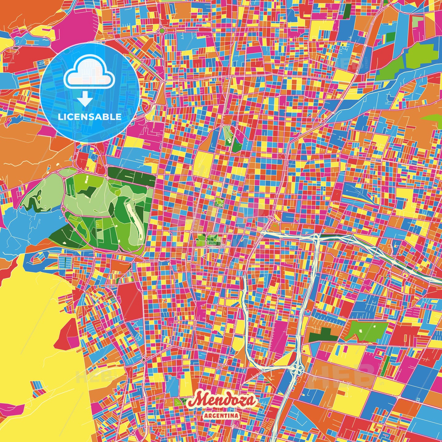 Mendoza, Argentina Crazy Colorful Street Map Poster Template - HEBSTREITS Sketches