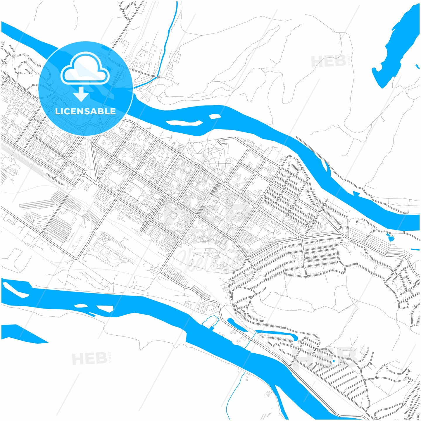 Mezhdurechensk, Kemerovo Oblast, Russia, city map with high quality roads.