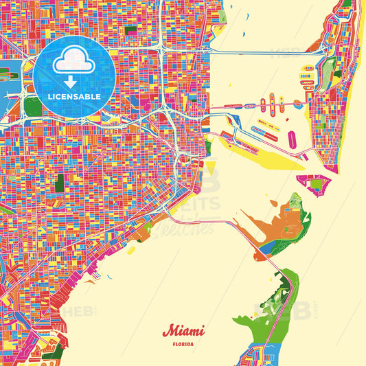 Miami, United States Crazy Colorful Street Map Poster Template - HEBSTREITS Sketches