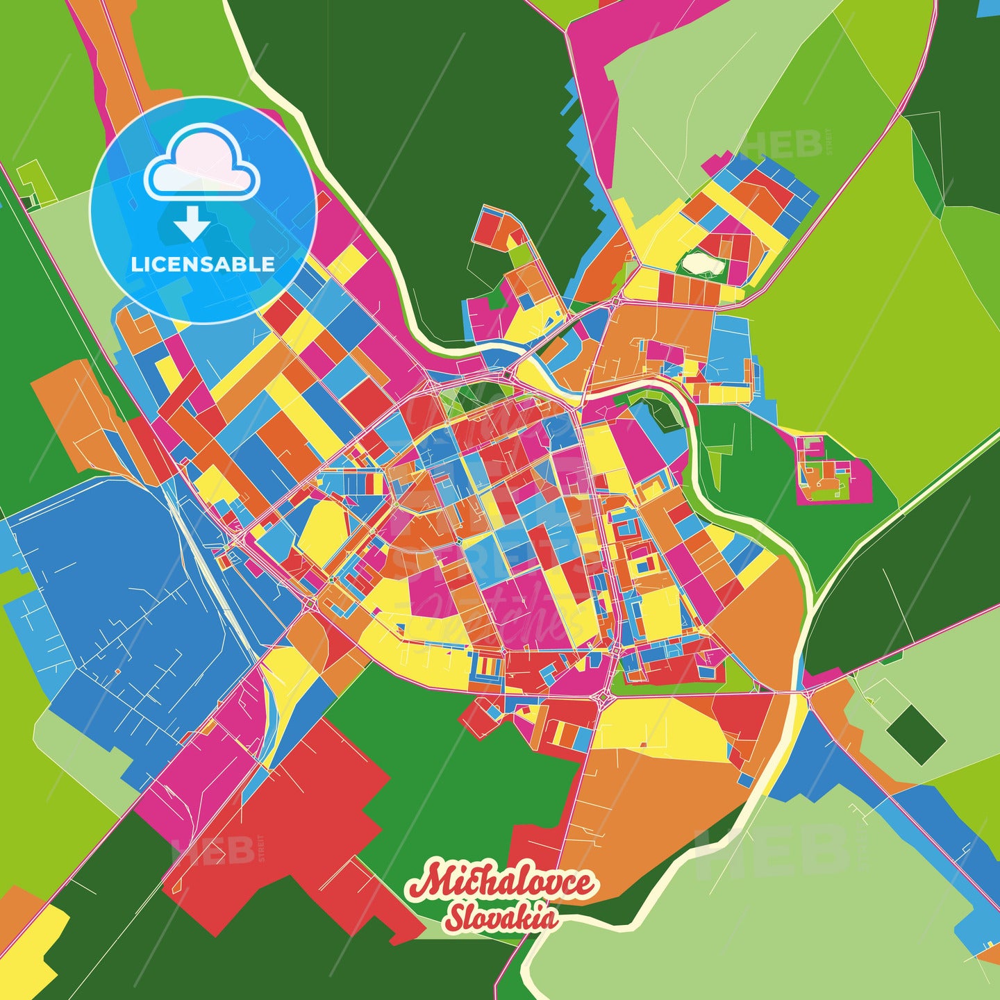 Michalovce, Slovakia Crazy Colorful Street Map Poster Template - HEBSTREITS Sketches