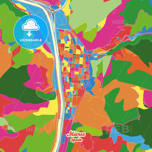 Mieres, Spain Crazy Colorful Street Map Poster Template - HEBSTREITS Sketches