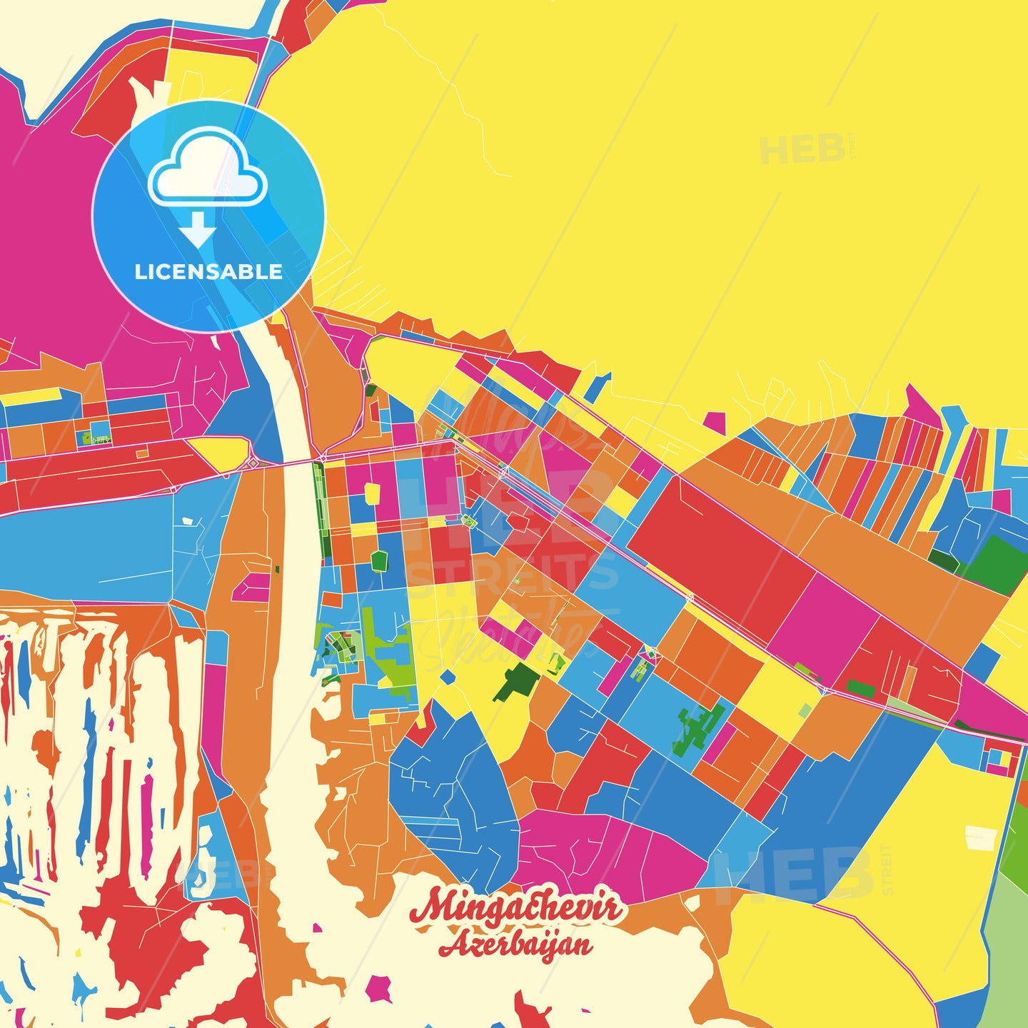 Mingachevir, Azerbaijan Crazy Colorful Street Map Poster Template - HEBSTREITS Sketches