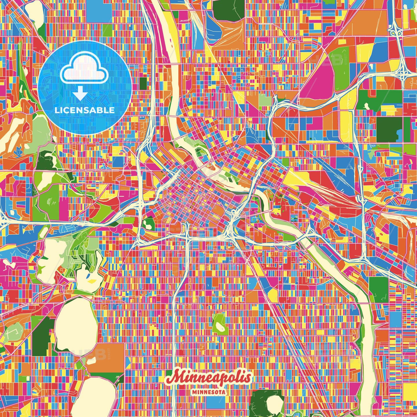 Minneapolis, United States Crazy Colorful Street Map Poster Template - HEBSTREITS Sketches