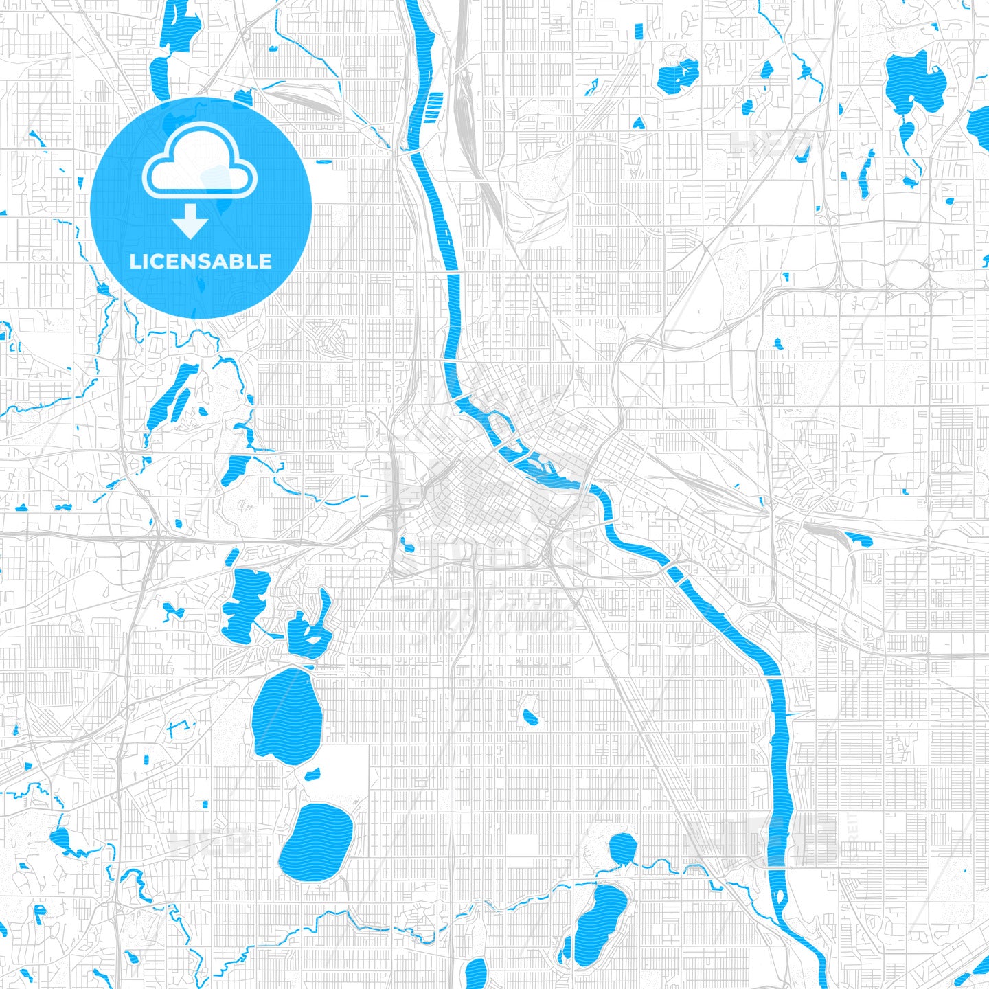 Minneapolis, Minnesota, United States, PDF vector map with water in focus