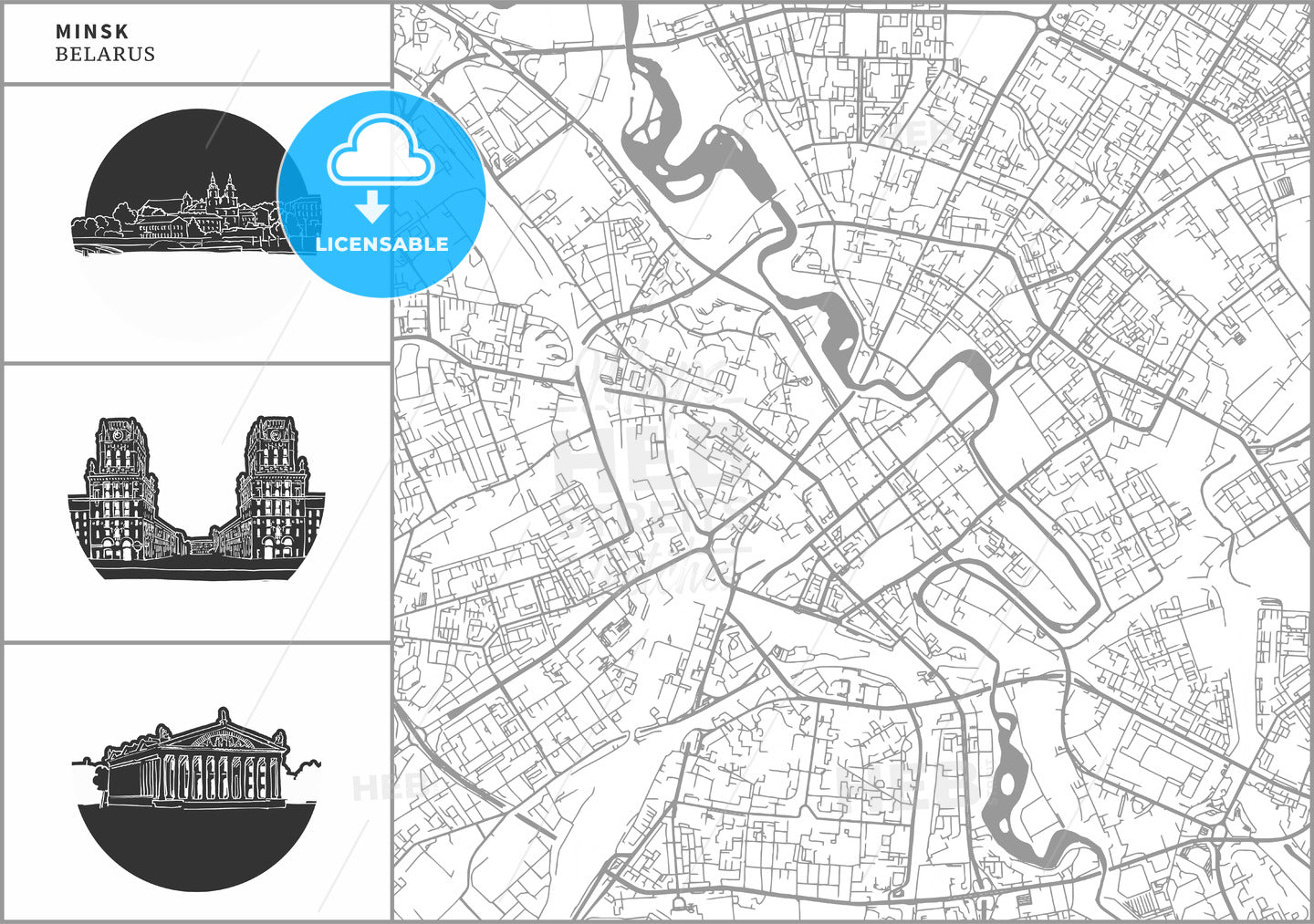Minsk city map with hand-drawn architecture icons