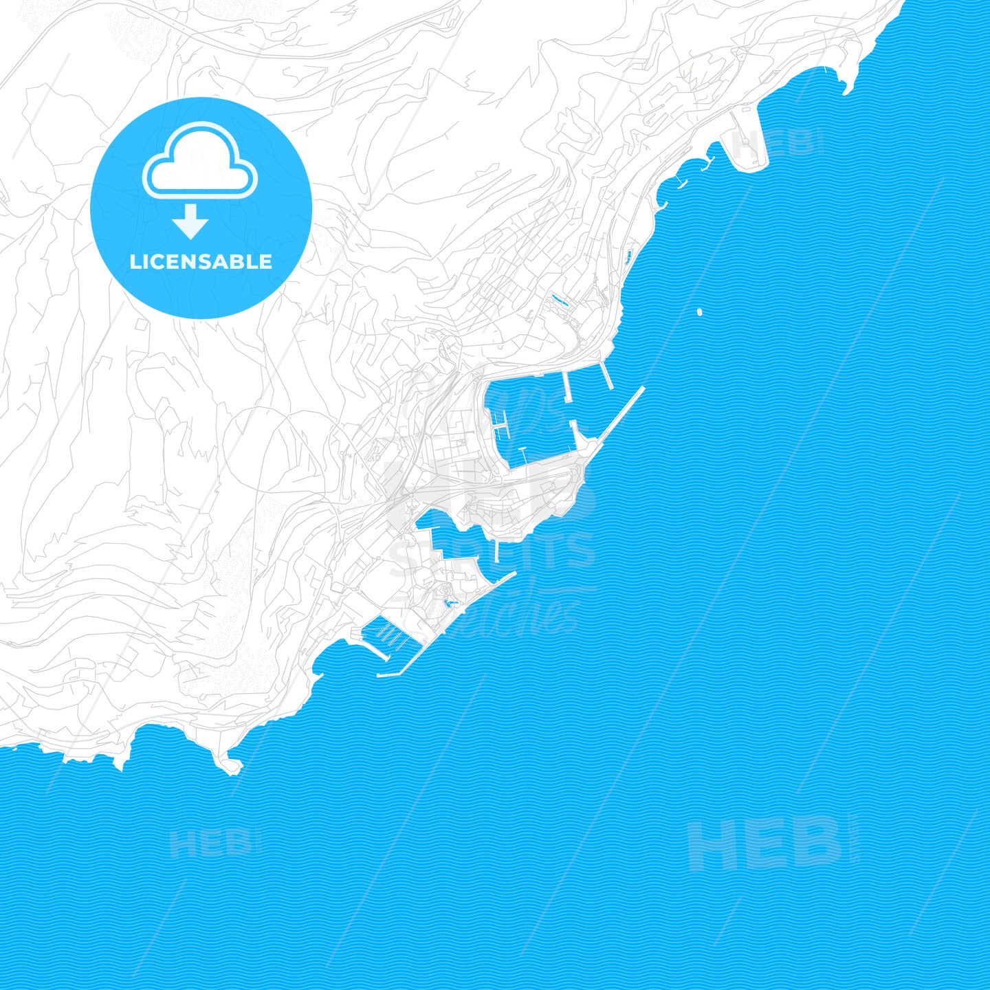 Monaco-Ville, Monaco PDF vector map with water in focus