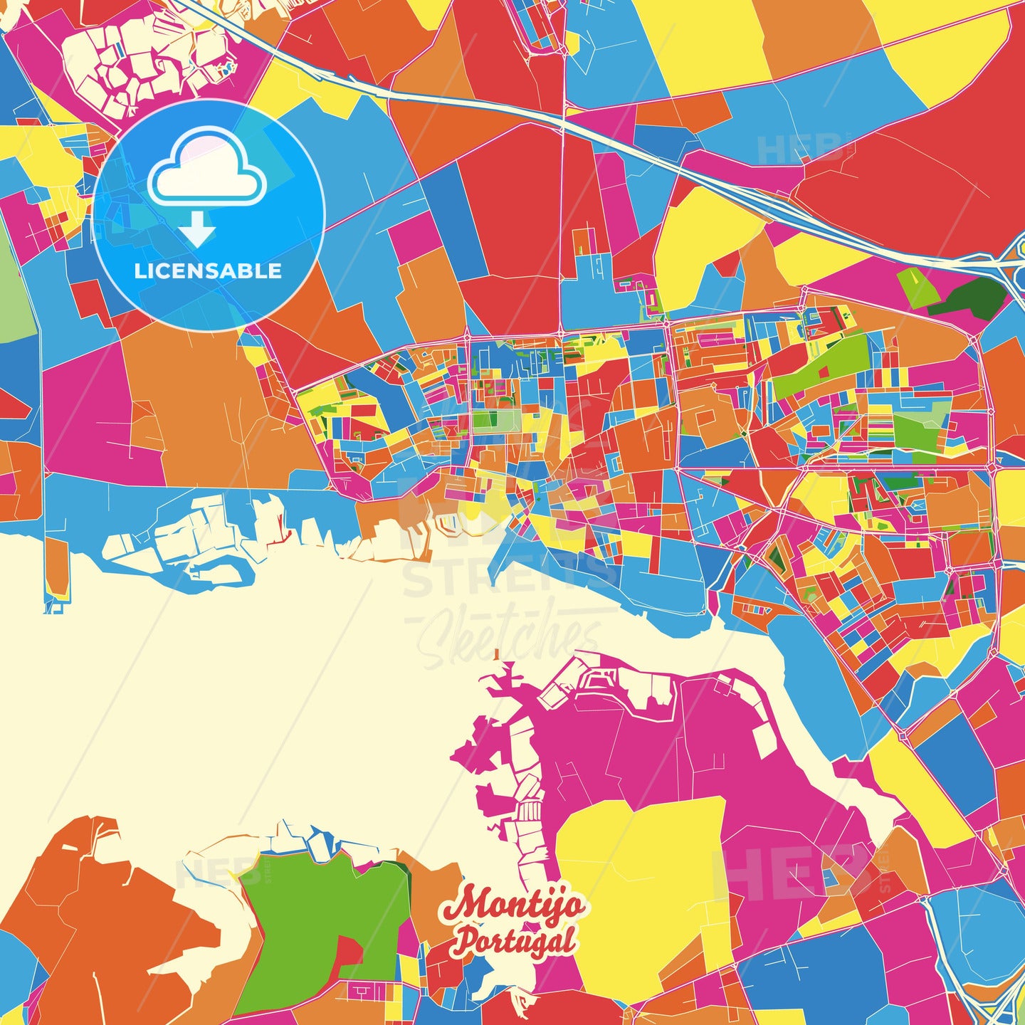 Montijo, Portugal Crazy Colorful Street Map Poster Template - HEBSTREITS Sketches