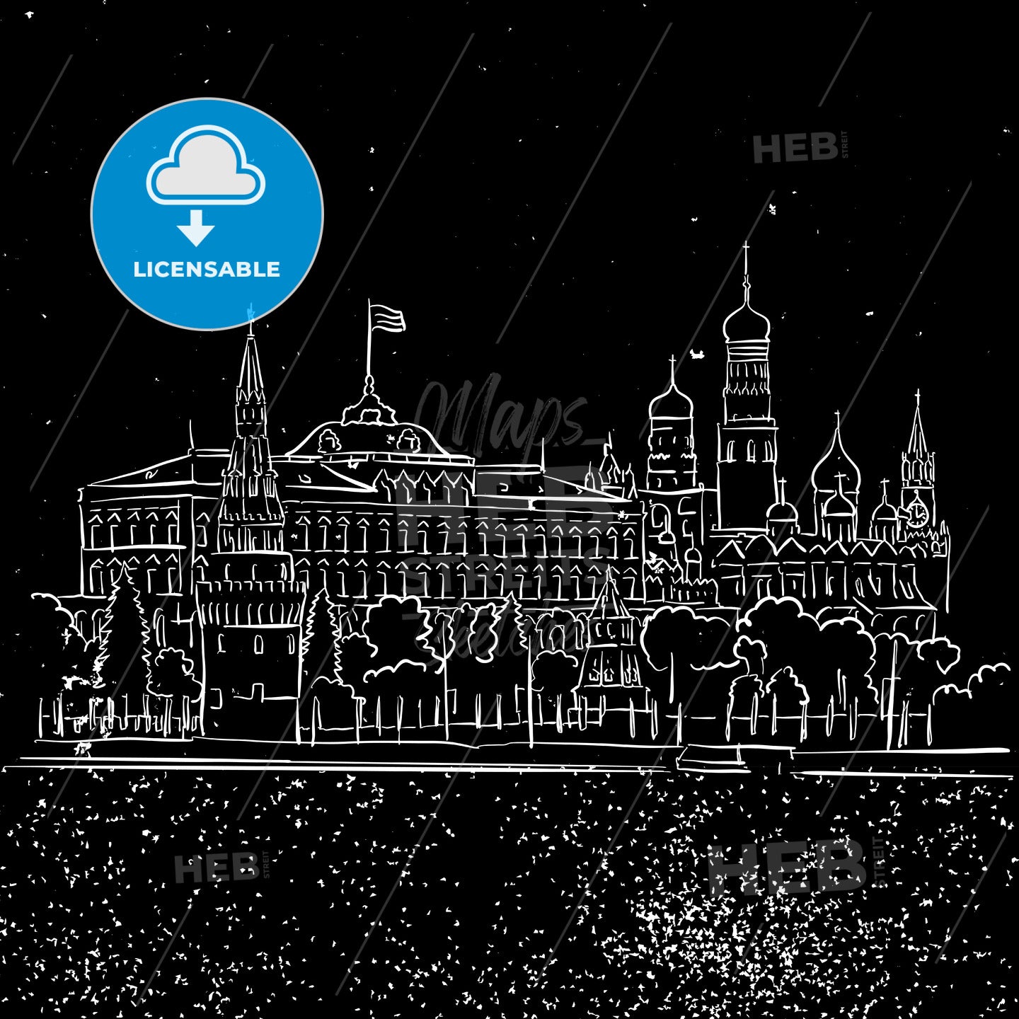 Moscow by Night Kremlin and Stars Sketch – instant download