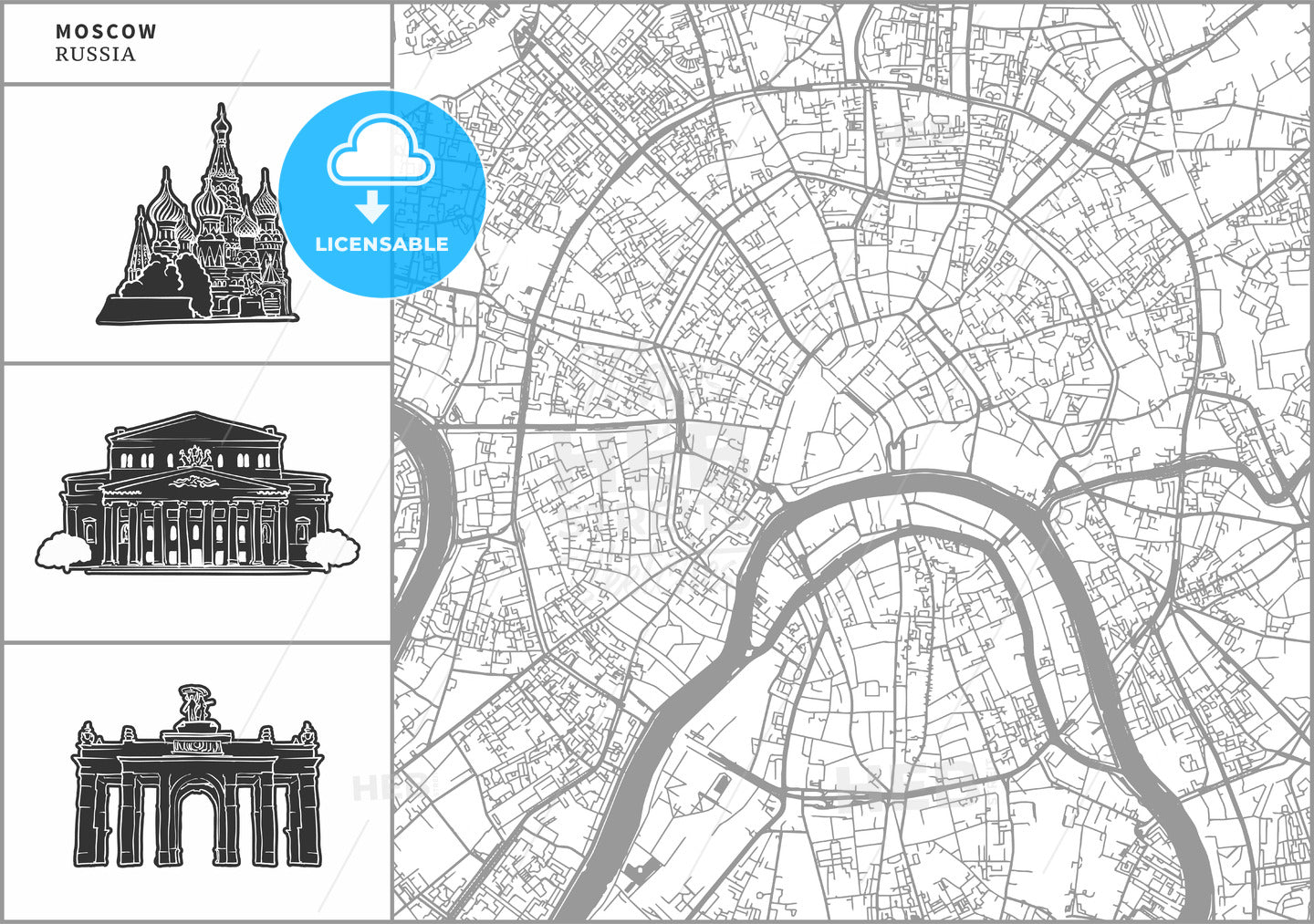 Moscow city map with hand-drawn architecture icons