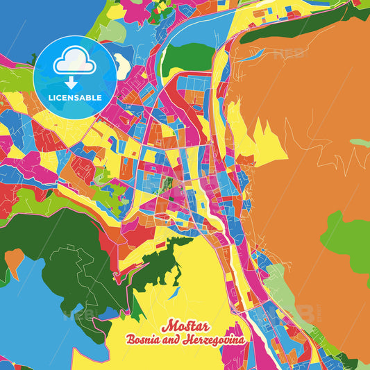 Mostar, Bosnia and Herzegovina Crazy Colorful Street Map Poster Template - HEBSTREITS Sketches