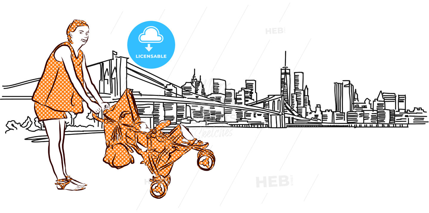 Mother and Buggy in Front of New York Panorama – instant download