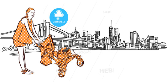 Mother and Buggy in Front of New York Panorama – instant download