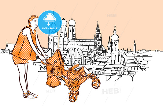 Mother with Buggy in Munich, Vector Hand Drawn Sketch. – instant download