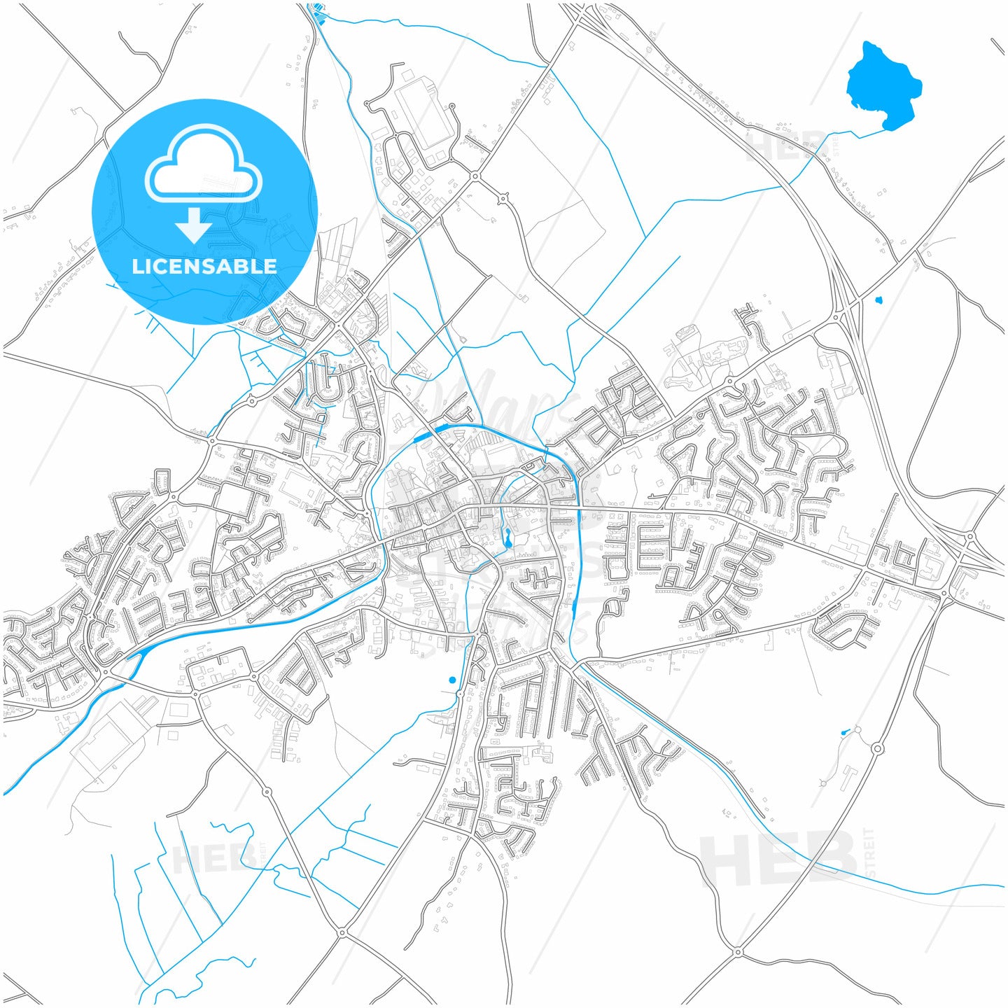 Mullingar, County Westmeath, Ireland, city map with high quality roads.