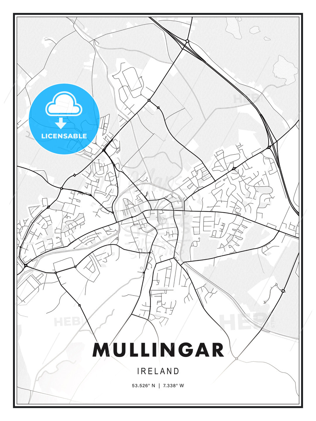 Mullingar, Ireland, Modern Print Template in Various Formats - HEBSTREITS Sketches