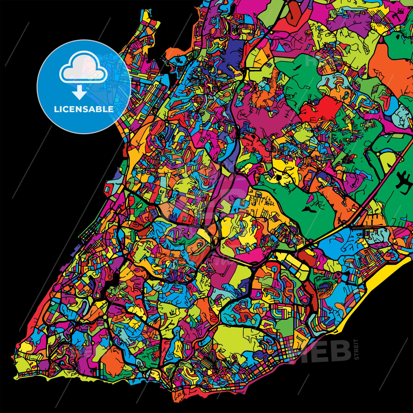 Município de Salvador Colorful Map on Black