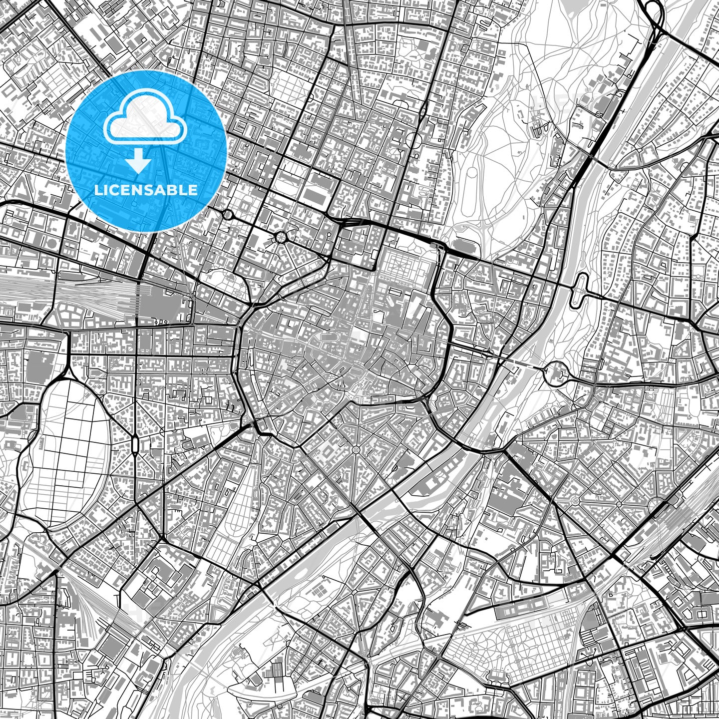 Munich downtown map with buildings, light - HEBSTREITS