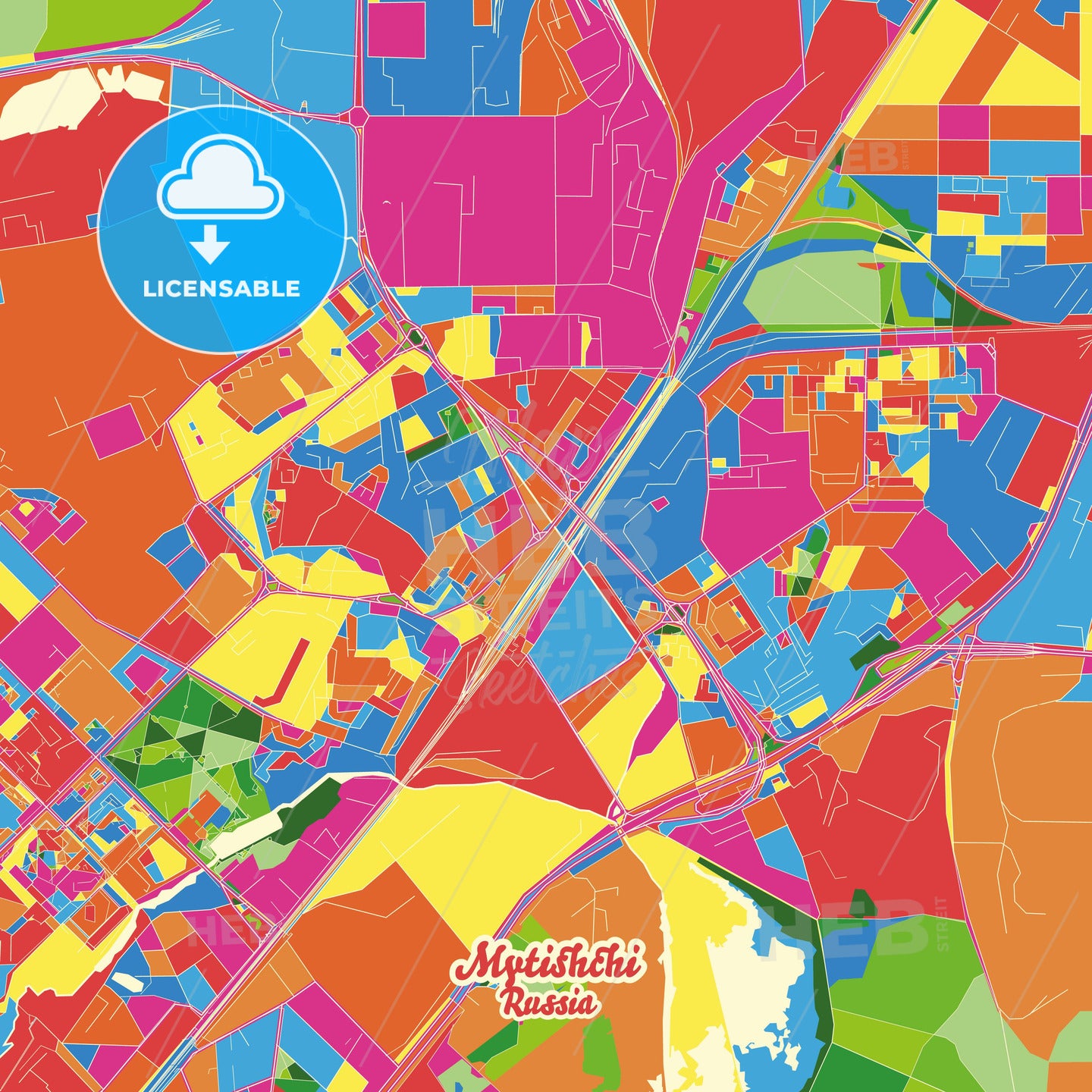 Mytishchi, Russia Crazy Colorful Street Map Poster Template - HEBSTREITS Sketches