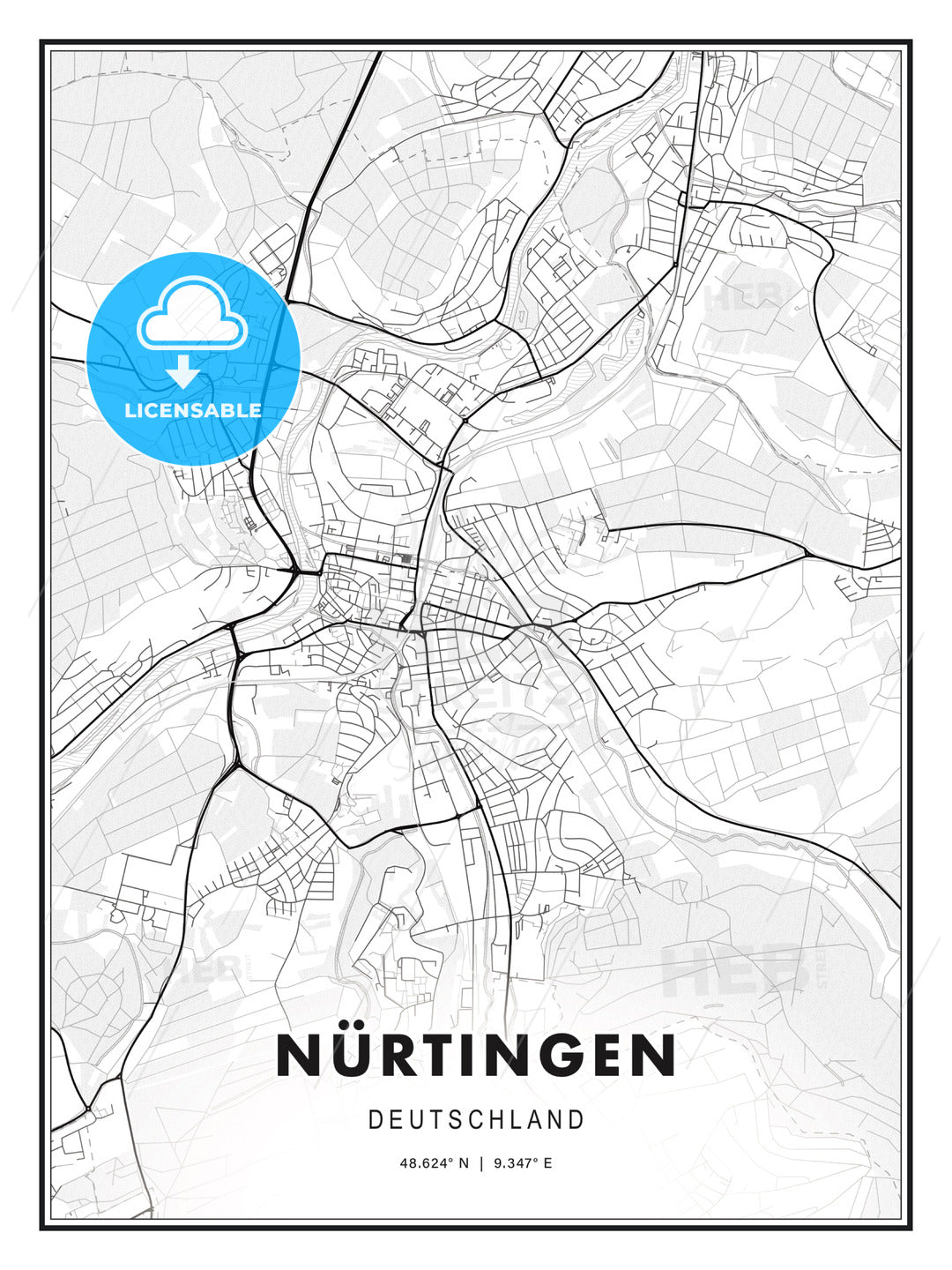 NÜRTINGEN / Nurtingen, Germany, Modern Print Template in Various Formats - HEBSTREITS Sketches