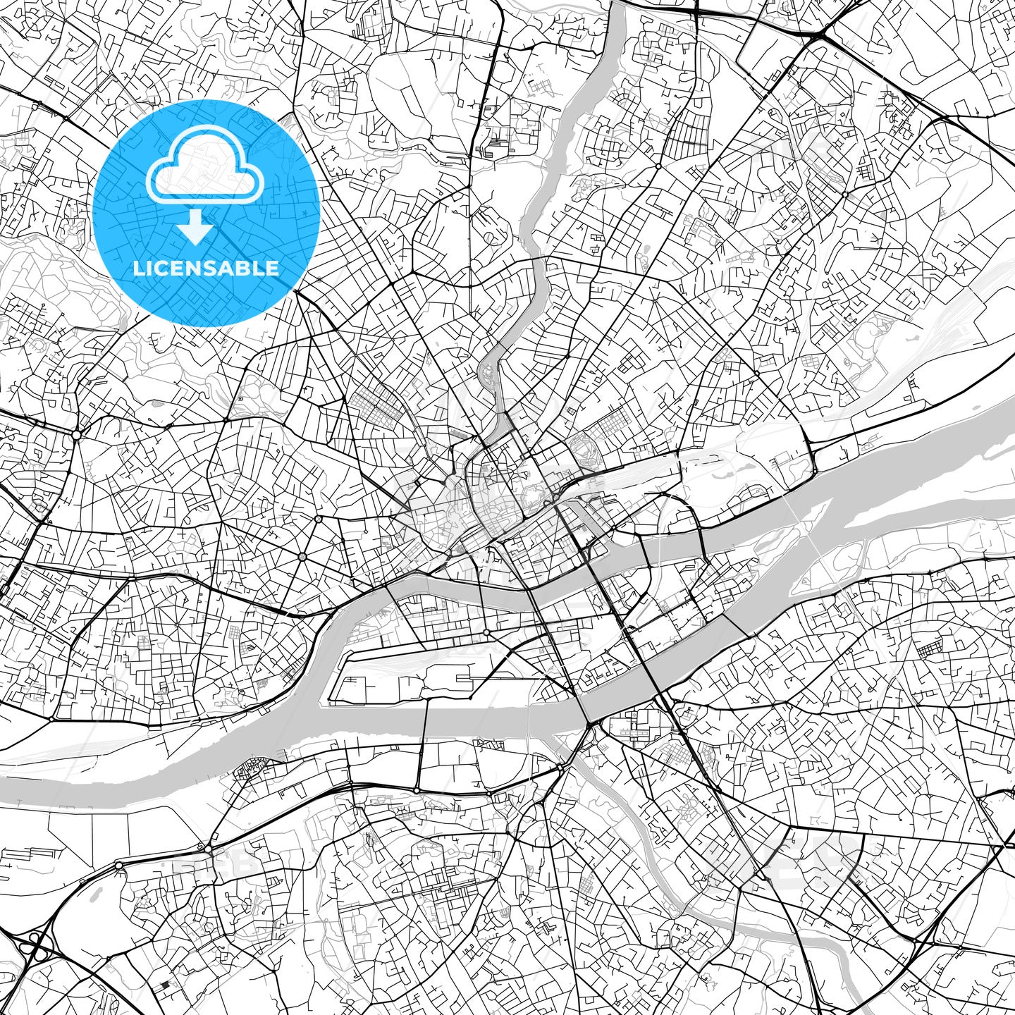 Nantes, Loire-Atlantique, downtown map, light