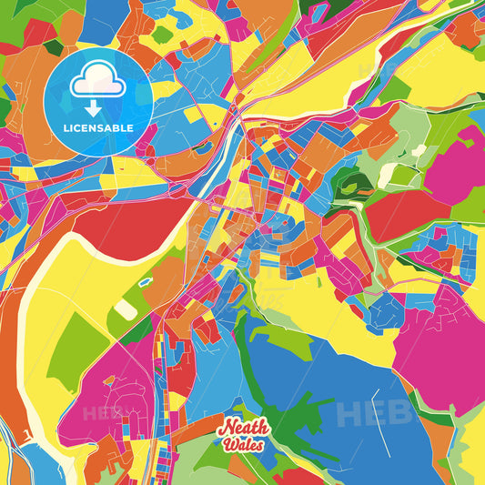 Neath, Wales Crazy Colorful Street Map Poster Template - HEBSTREITS Sketches