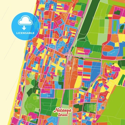 Netanya, Israel Crazy Colorful Street Map Poster Template - HEBSTREITS Sketches
