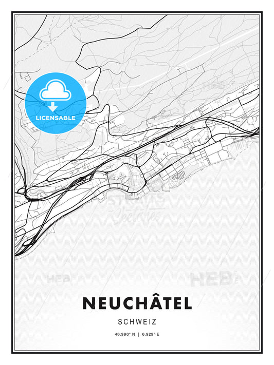 Neuchâtel, Switzerland, Modern Print Template in Various Formats - HEBSTREITS Sketches