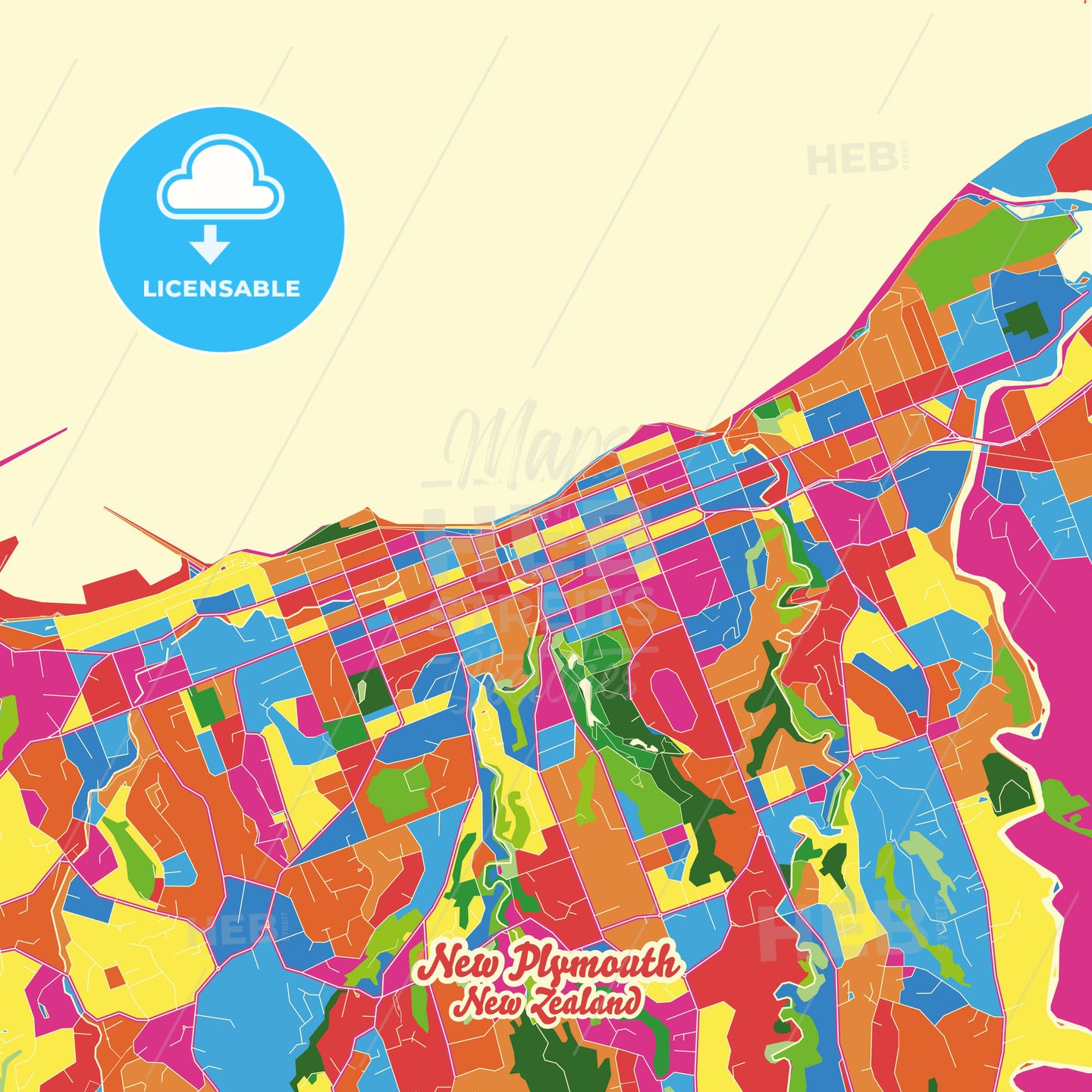 New Plymouth, New Zealand Crazy Colorful Street Map Poster Template - HEBSTREITS Sketches