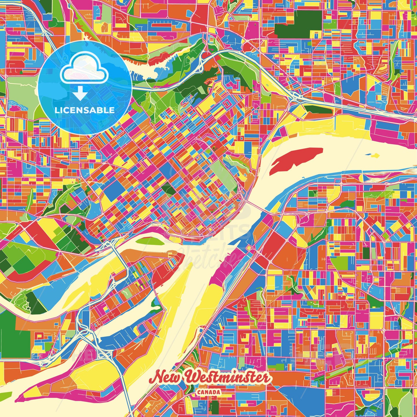 New Westminster, Canada Crazy Colorful Street Map Poster Template - HEBSTREITS Sketches