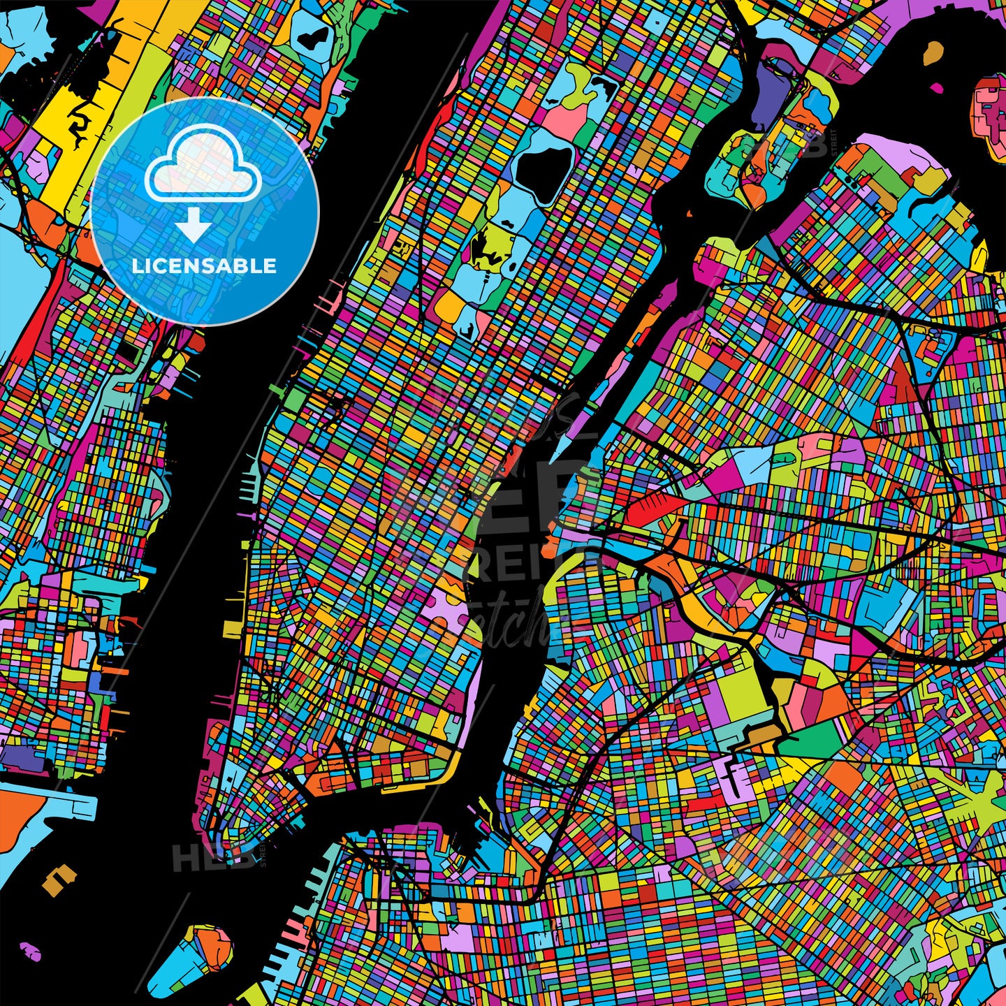 New York City Manhattan Colorful Map on Black