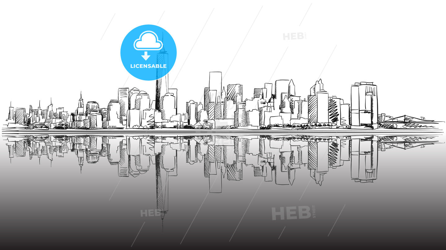 New York City Outline Sketch with Dark Footer – instant download