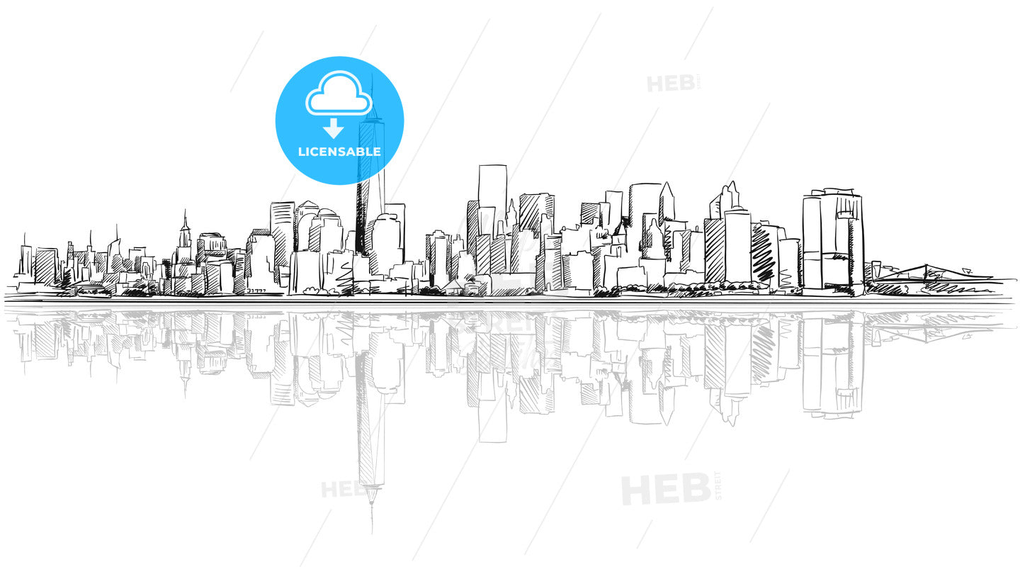 New York City Outline Sketch with Refection – instant download