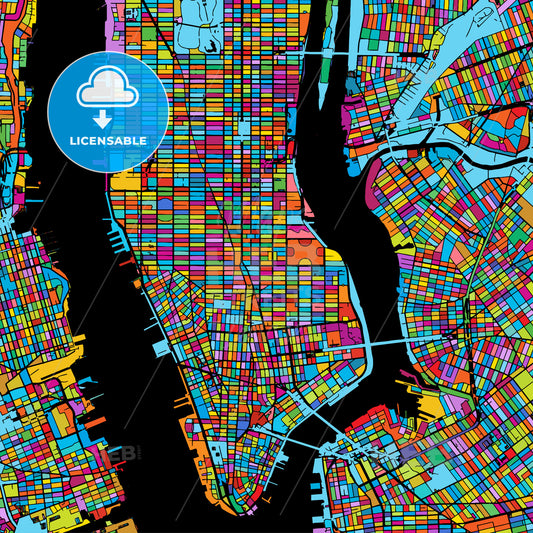 New York City, USA, Colorful Vector Map on Black