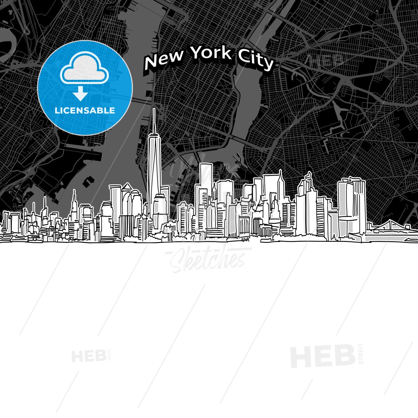New York City skyline with map