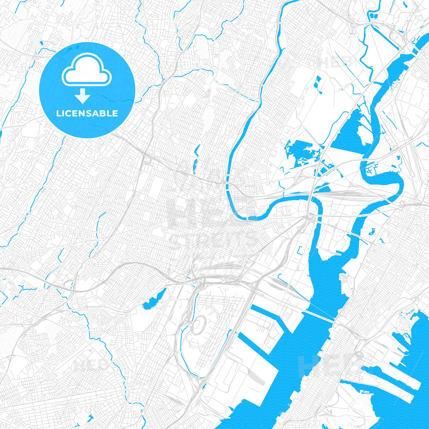 Newark, New Jersey, United States, PDF vector map with water in focus