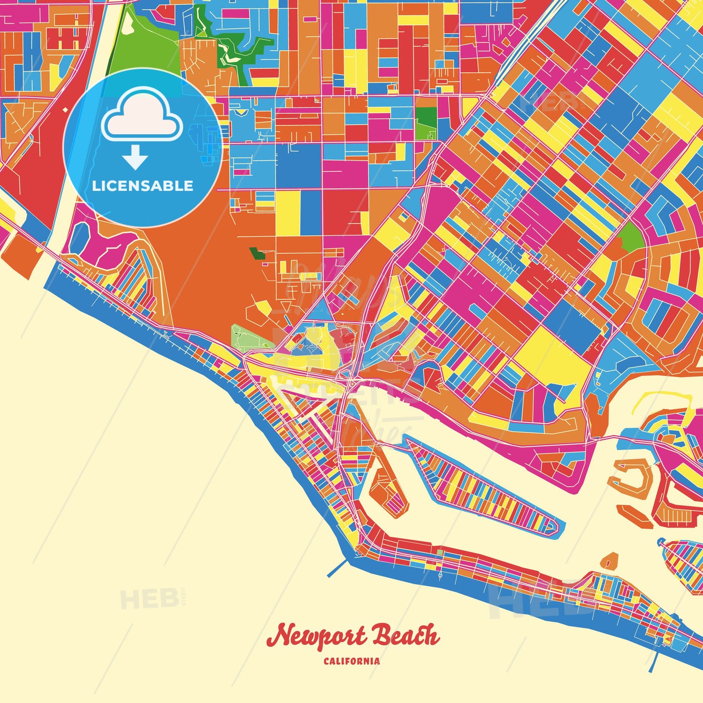 Newport Beach, United States Crazy Colorful Street Map Poster Template - HEBSTREITS Sketches