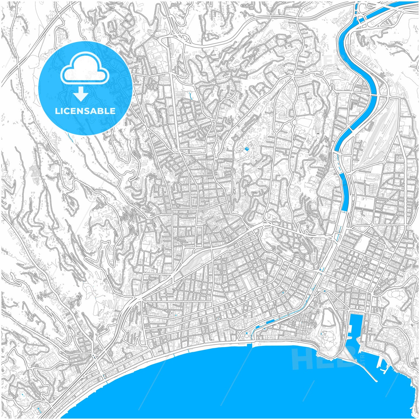 Nice, Alpes-Maritimes, France, city map with high quality roads.