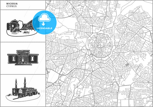 Nicosia city map with hand-drawn architecture icons