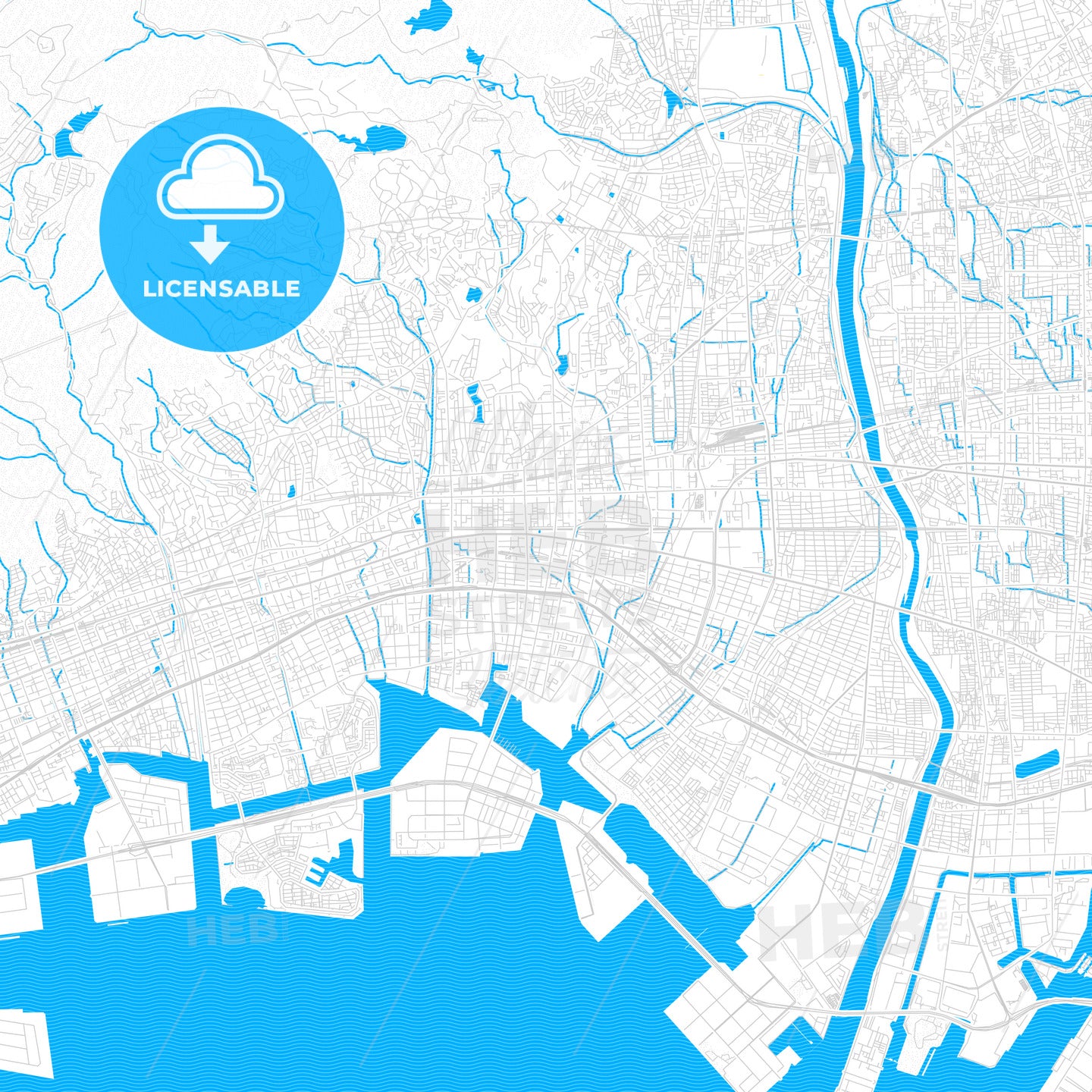 Nishinomiya, Japan PDF vector map with water in focus