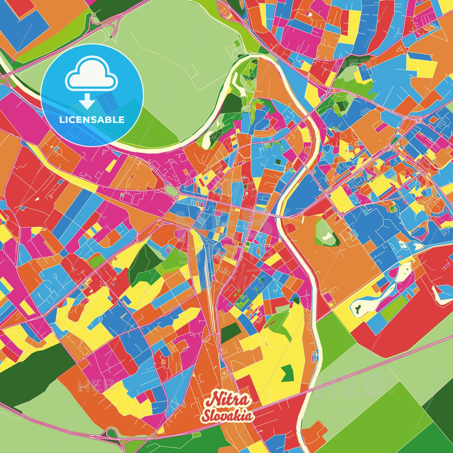 Nitra, Slovakia Crazy Colorful Street Map Poster Template - HEBSTREITS Sketches