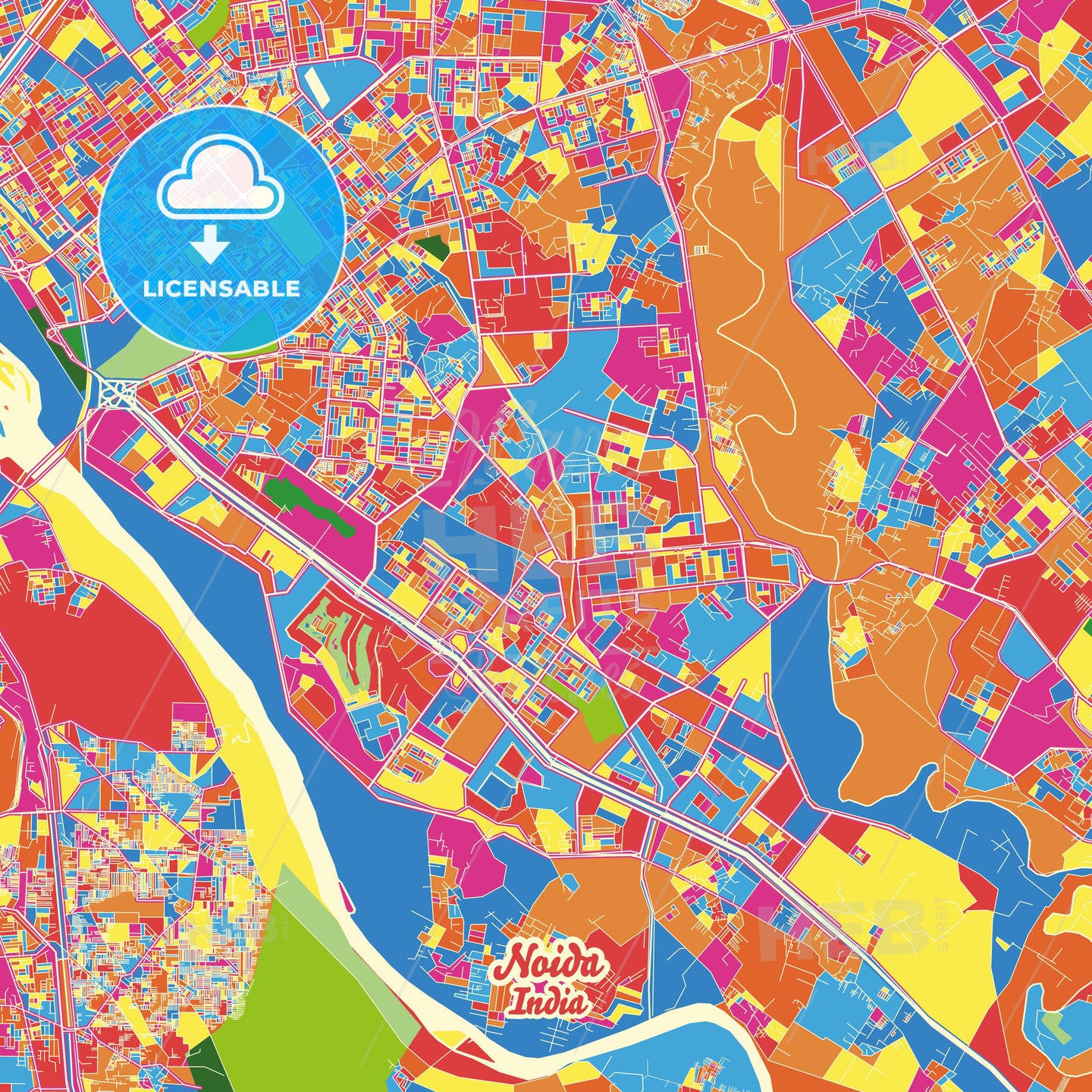 Noida, India Crazy Colorful Street Map Poster Template - HEBSTREITS Sketches