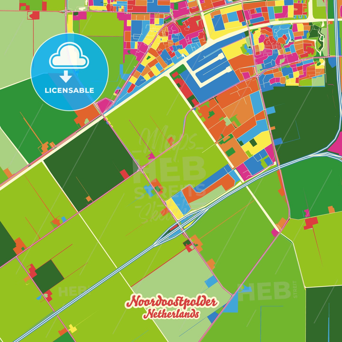 Noordoostpolder, Netherlands Crazy Colorful Street Map Poster Template - HEBSTREITS Sketches
