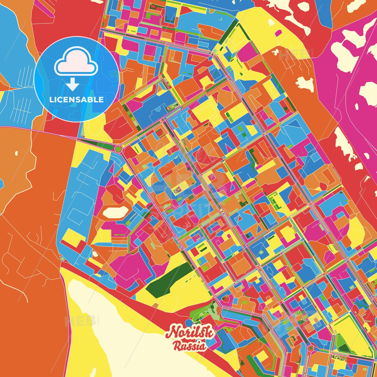 Norilsk, Russia Crazy Colorful Street Map Poster Template - HEBSTREITS Sketches
