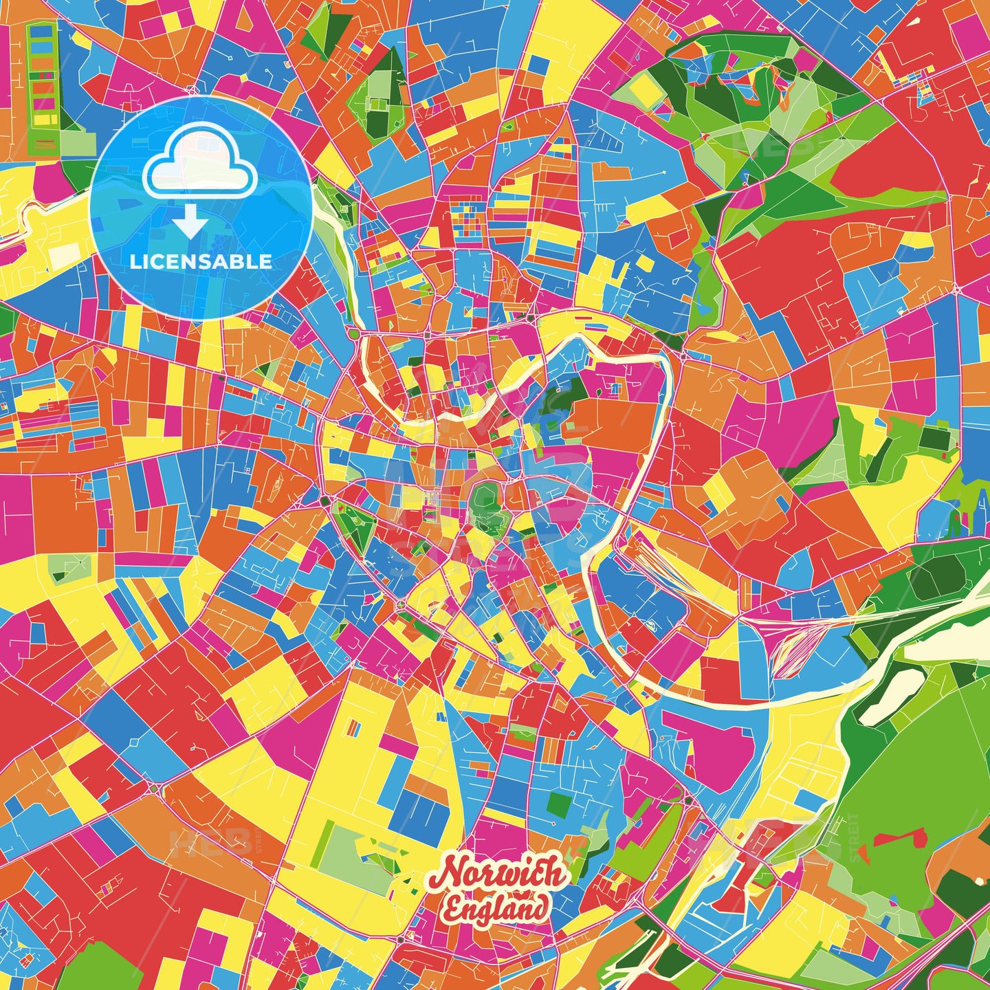 Norwich, England Crazy Colorful Street Map Poster Template - HEBSTREITS Sketches