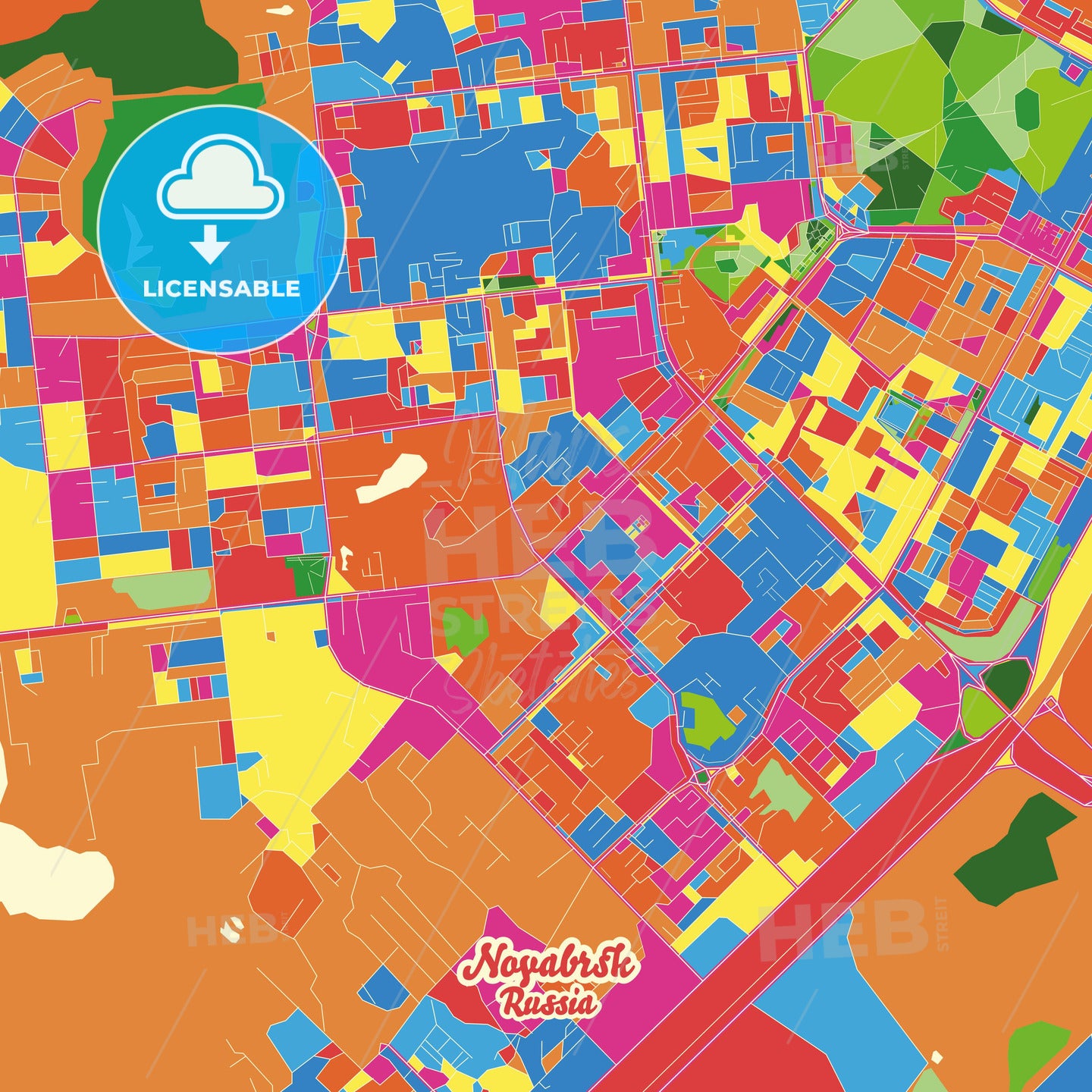 Noyabrsk, Russia Crazy Colorful Street Map Poster Template - HEBSTREITS Sketches
