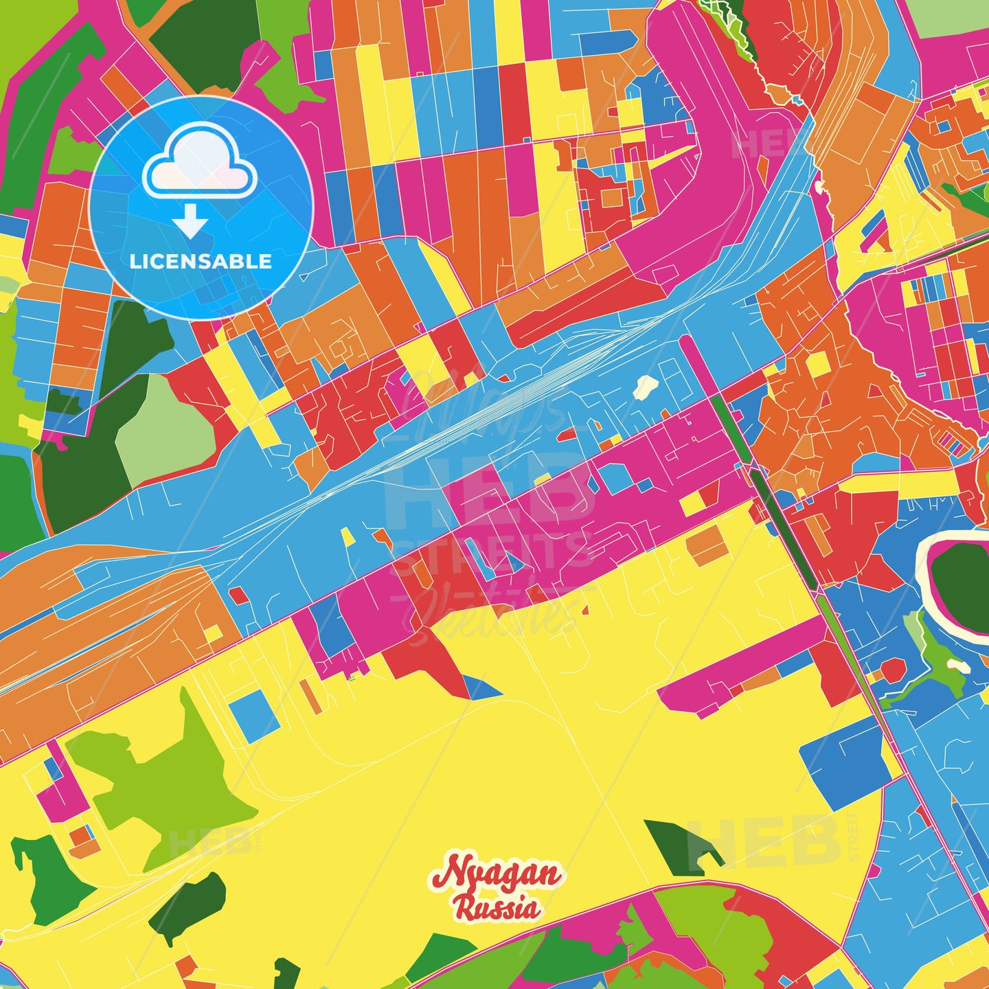 Nyagan, Russia Crazy Colorful Street Map Poster Template - HEBSTREITS Sketches