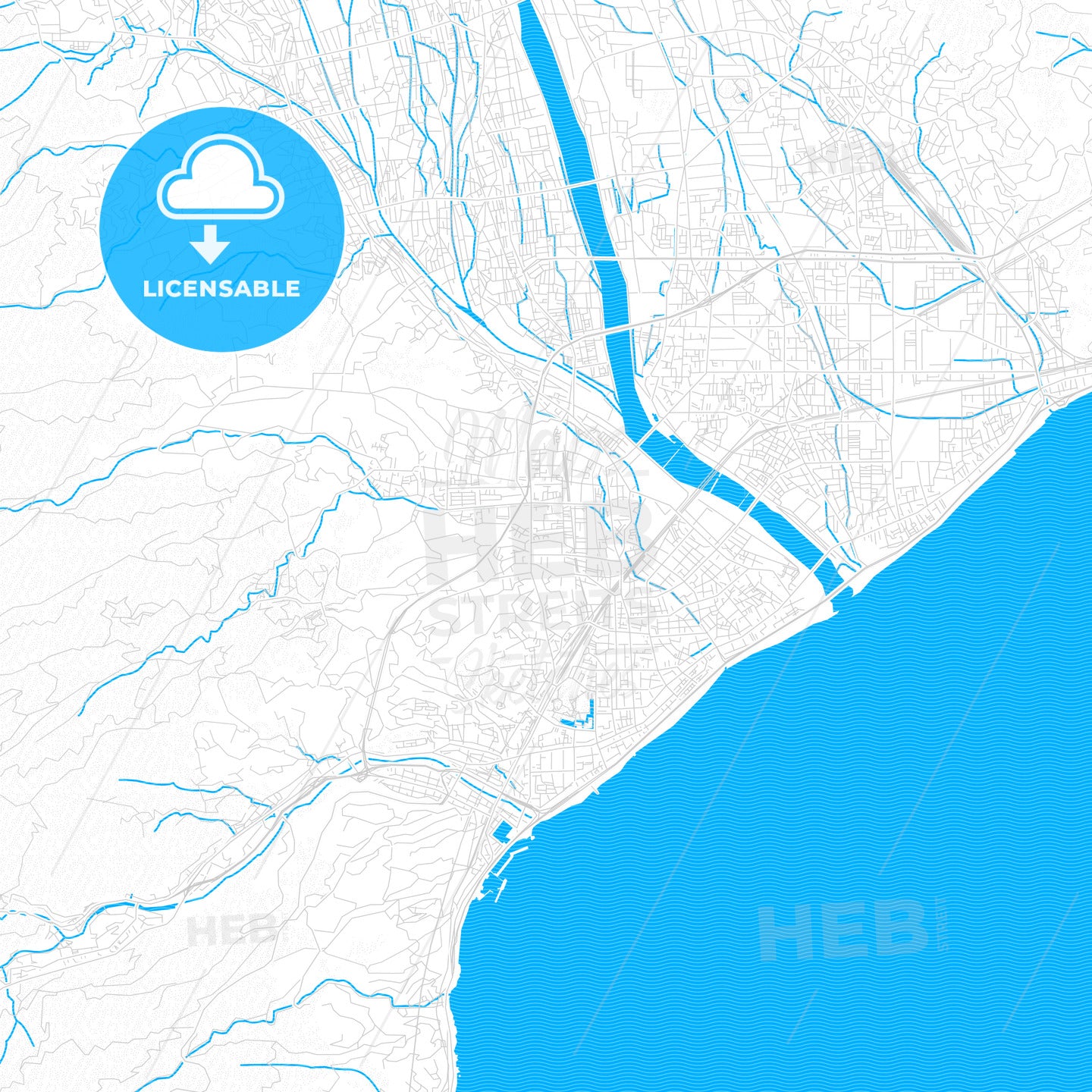 Odawara, Japan PDF vector map with water in focus