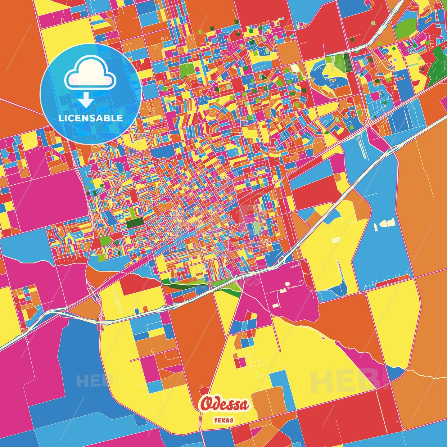 Odessa, United States Crazy Colorful Street Map Poster Template - HEBSTREITS Sketches